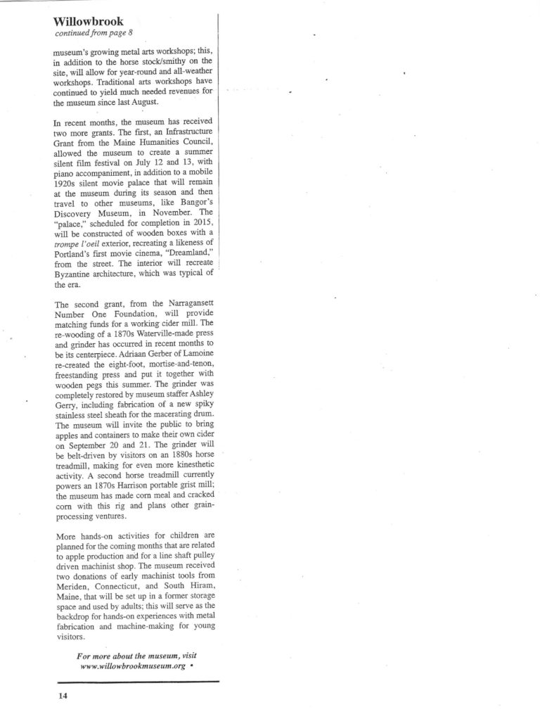 August 2014, MAM Newsletter, New Hands On History Building and Activities at Willowbrook, Pg. 14