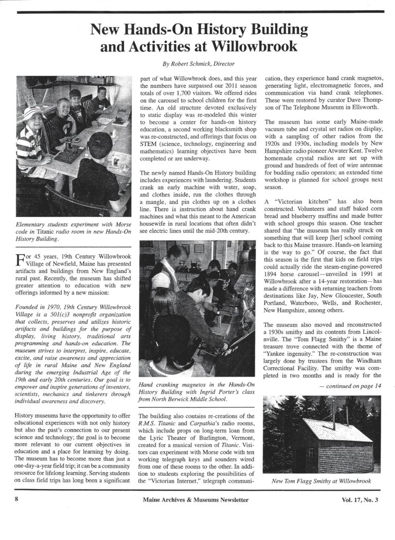 August 2014, MAM Newsletter, New Hands On History building and Activities at Willowbrook, Pg. 8