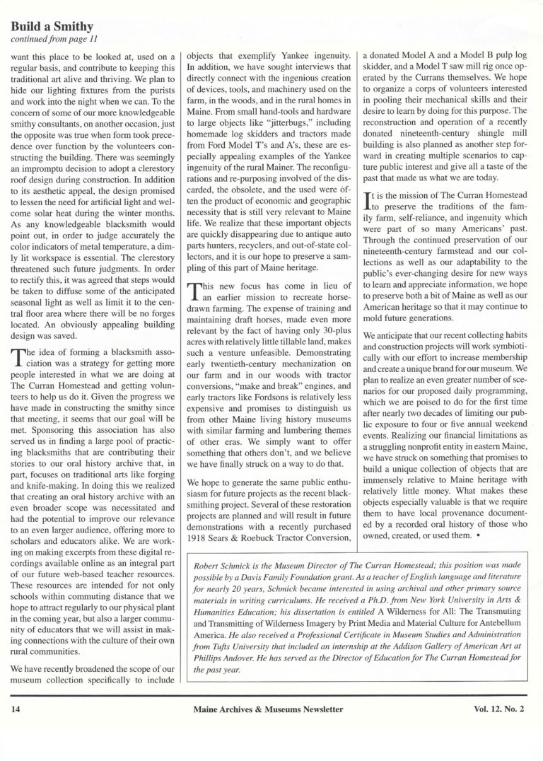 Curran, MAM Newsletter, Build a Smithy, and They Will Come, Strategies for Museum Development, Nov. 2009, 2