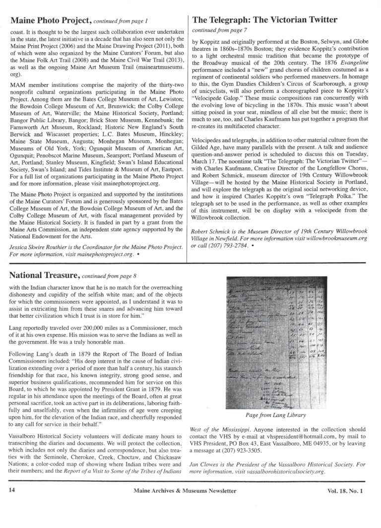 February 2015, MAM Newsletter, The Telegraph, The Victorian Twitter, Collaboration between Willowbrook Museum and the Longfellow Chorus of Portland, Robert Schmick., Pg. 14