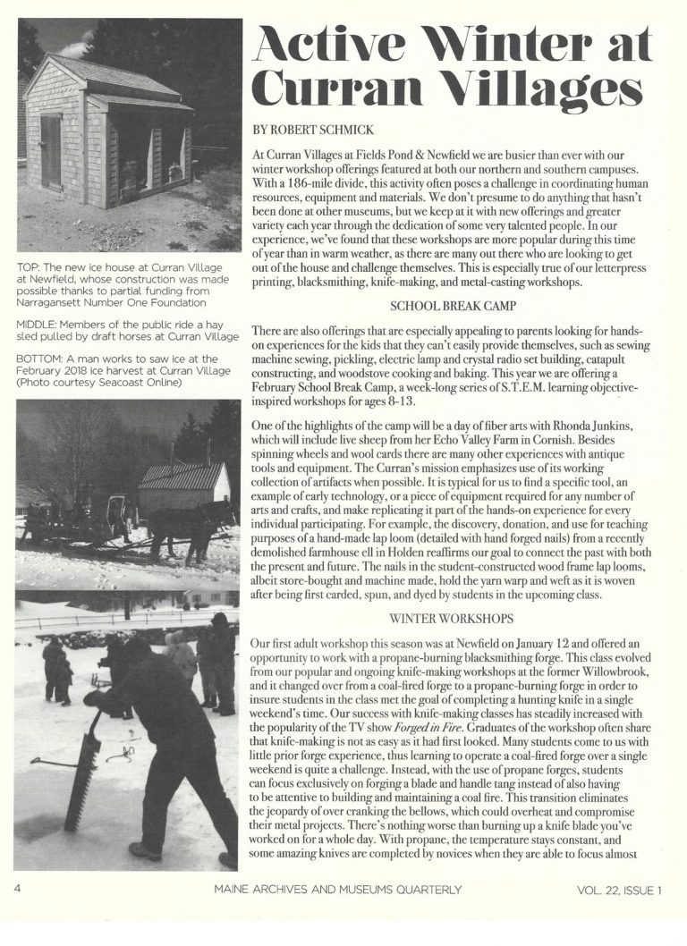 February 2019, MAM, Maine Archives & Museums Newsletter, Active Winter at Curran Villages, Robert Schmick, Pg. 4
