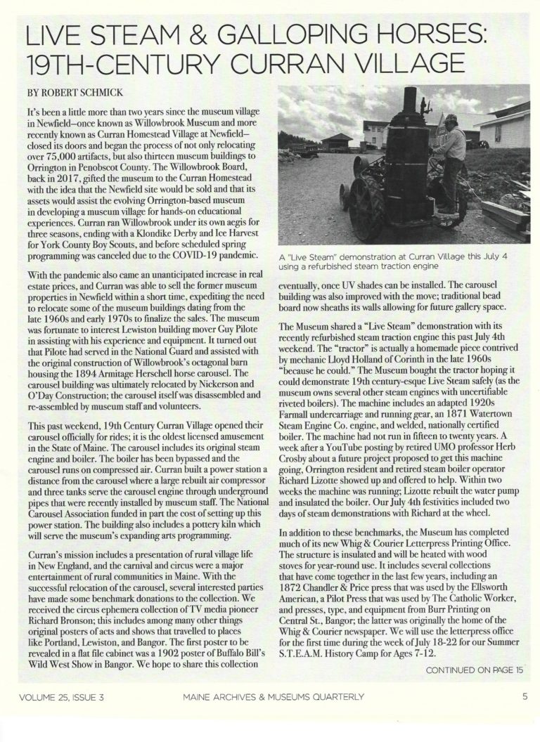 MAM, Maine Archives & Museums Newsletter, Live Steam & Galloping Horses, 19th Century Curran Village, Robert Schmick, Pg. 5